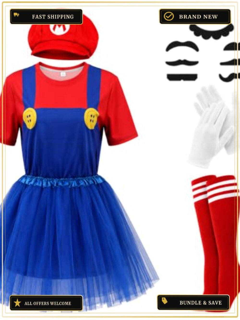 6 Pc Halloween Plumber Costume Set T-Shirt Hat Skirt Gloves Socks